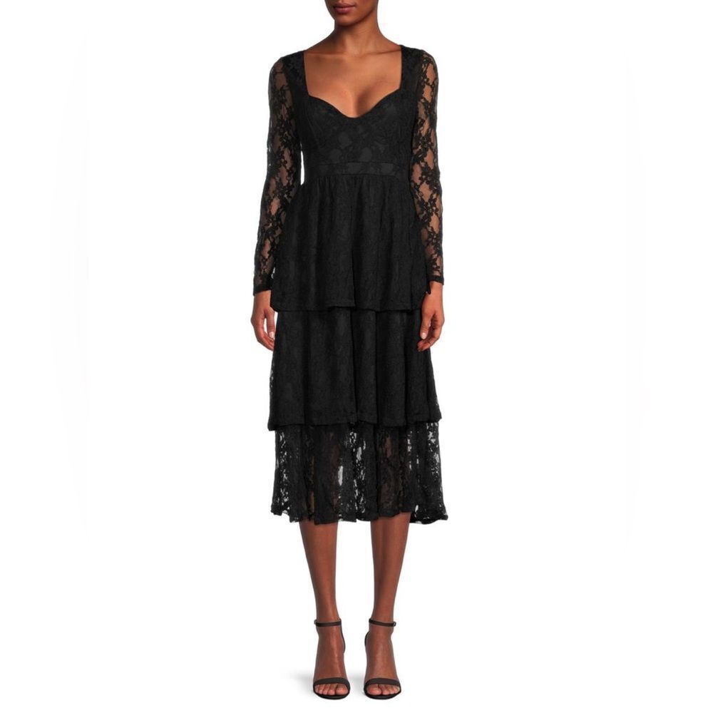 NWT NSR Nikki Lace Long Sleeve Dress Sz S Black Tiered Skirt V-neck